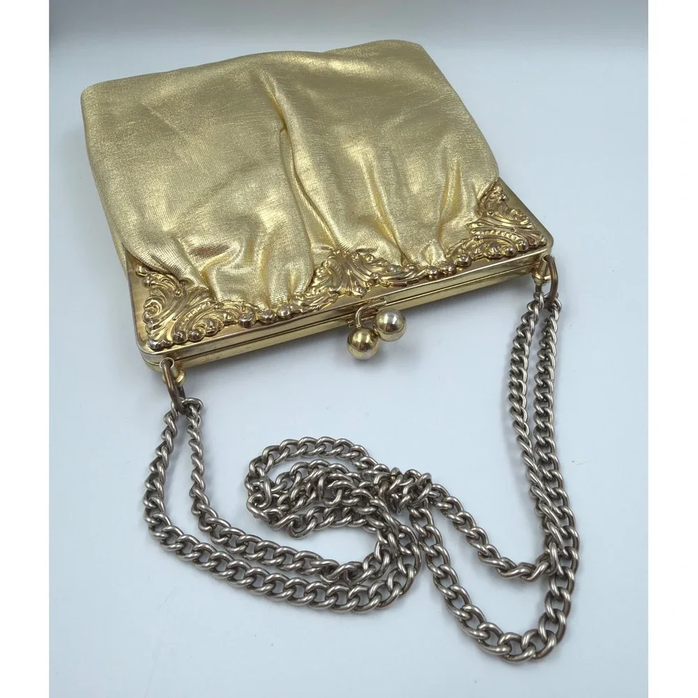 Vintage Gold Satin Evening Bag Ornate Frame Chain Strap‎ Clutch w/ Coin Bag