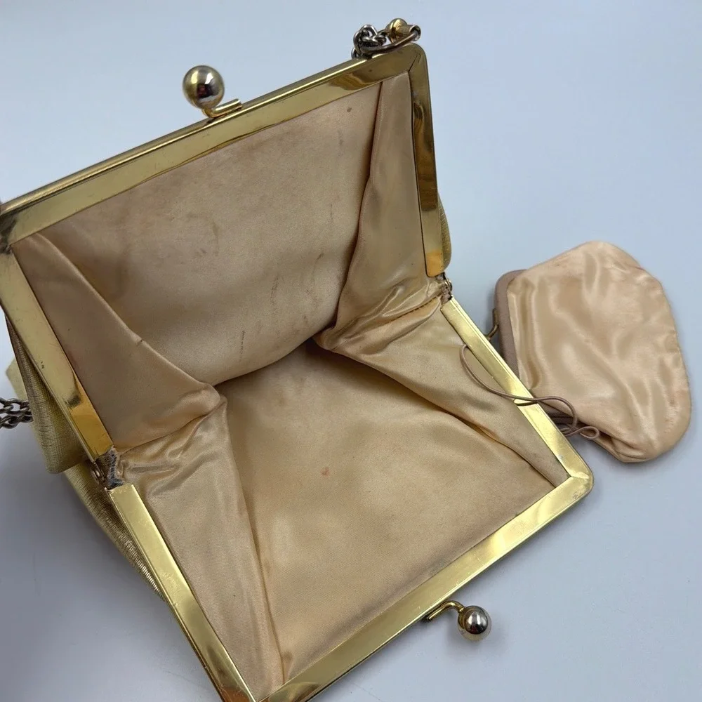Vintage Gold Satin Evening Bag Ornate Frame Chain Strap‎ Clutch w/ Coin Bag