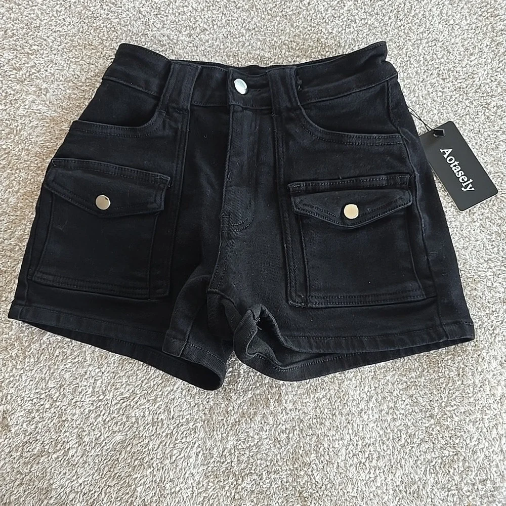 Aotasely Stretch‎ Jean Shorts Mid Waisted Juniors XS Black Denim NWT Festival