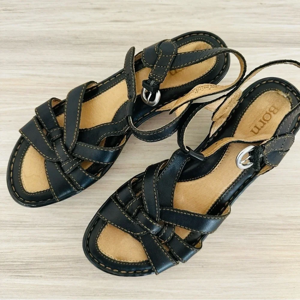 Born Women's Black Leather Strappy Sandals Comfort Wedge Shoes Size‎ 8