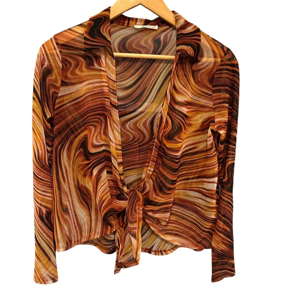 Timing Mesh‎ Tie Front Marble Print Top Sz S Groovy Retro Festival Boho
