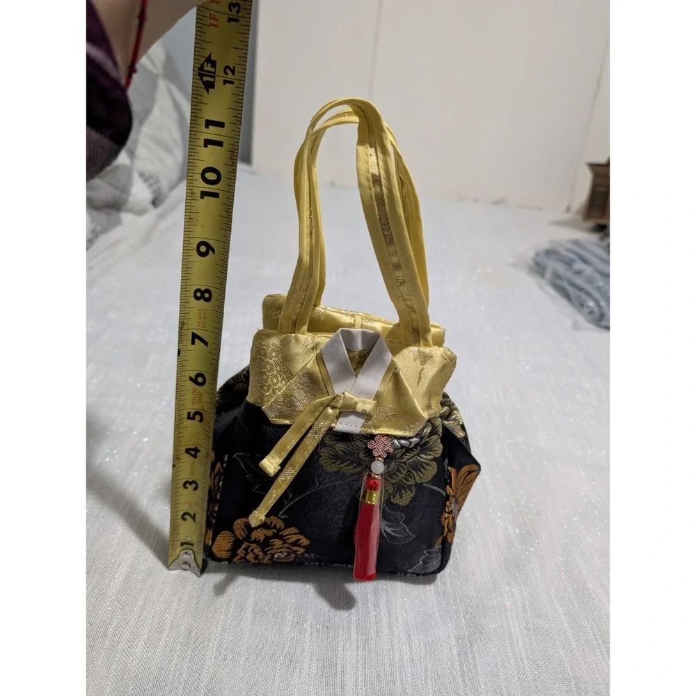 Asian Silk‎ Brocade Handbag Gold Black Floral Tassel Hanbok Inspired Gift Purse