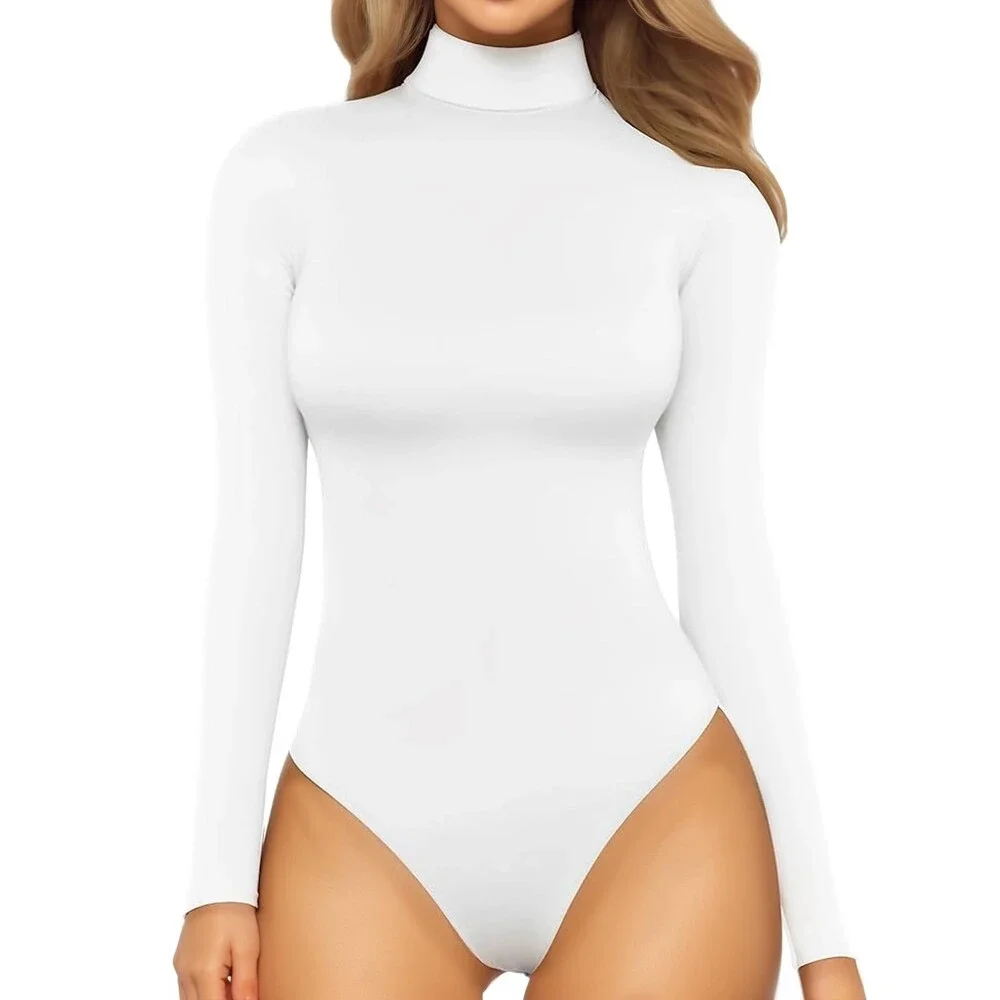 MANGOPOP Women's White Mock Turtle Neck Long Sleeve Tops Bodysuit Jumpsuit L