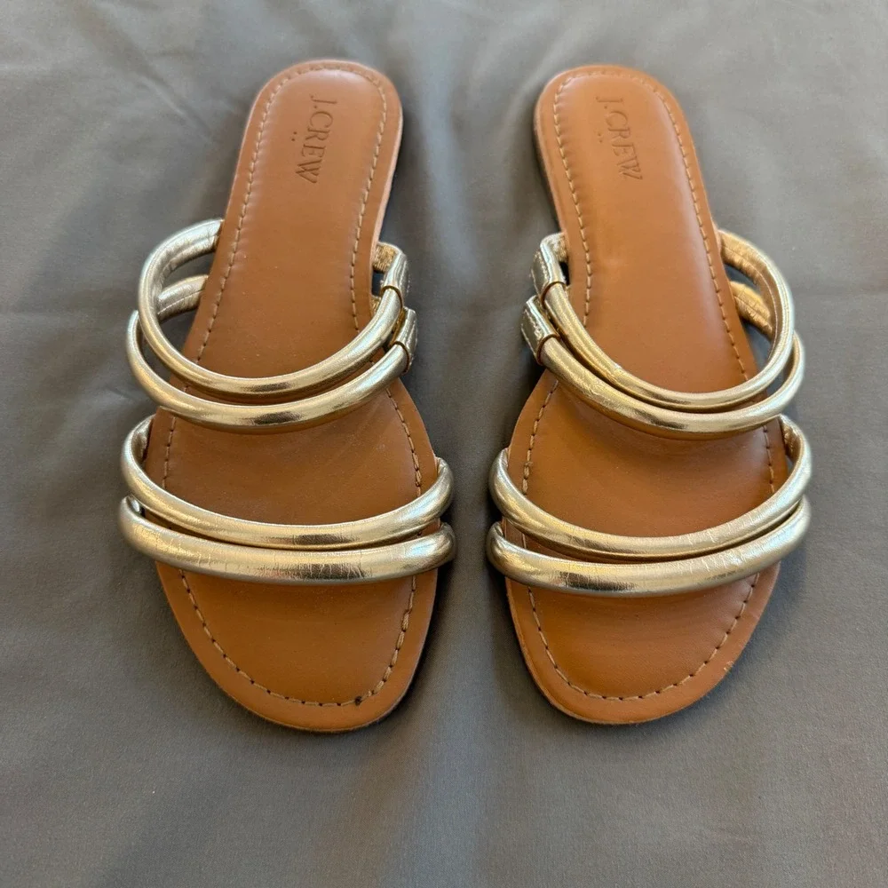 J.Crew Womens Gold Metallic Multi-Strap Slide Sandals Size 6‎ Flat Tan Footbed