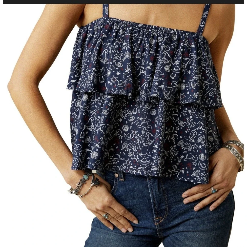 Ariat women's XL Howdy Print top 2 tier ruffle western cowgirl boho‎ Cami tank