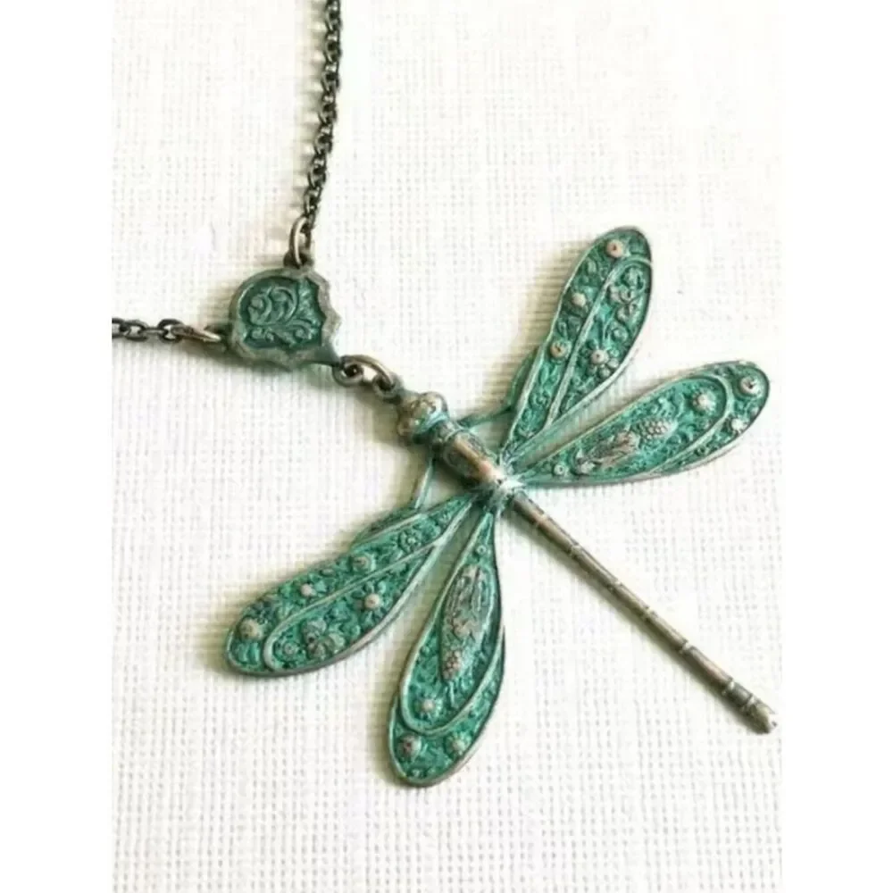 NWT Dragonfly Necklace Aged Copper Verdigris Patina