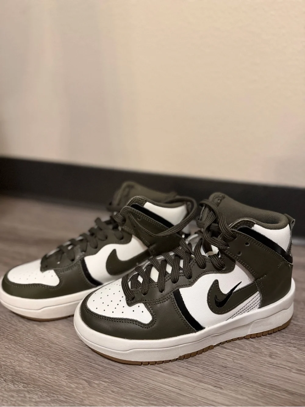 Nike Kids High-Top Sneakers in Olive Green and White
