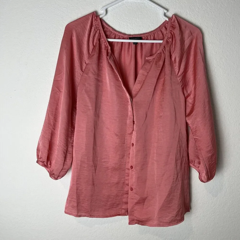 Talbots Blouse Womens‎ 4 Pink Button Down 3/4 Sleeve Lightweight Top Polyester