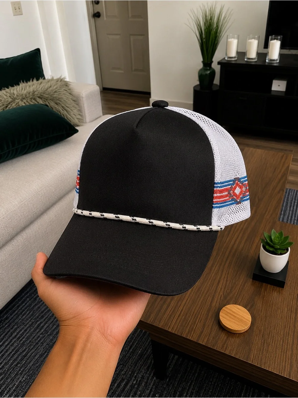 Black and White Trucker Cap with Southwestern Accent