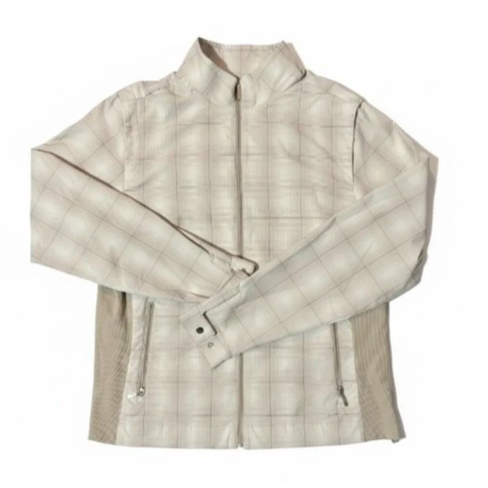 Vintage Nike Golf Fit Dry Women Windbreaker Jacket Full Zip Mock -Beige Plaid, L