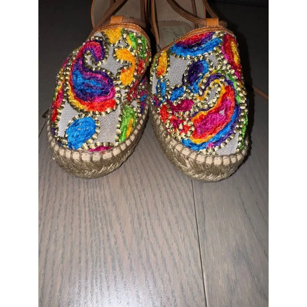 Gaimo Colorful Paisley Embroidered Espadrille Strappy Ankle Tie Sandals Size 38
