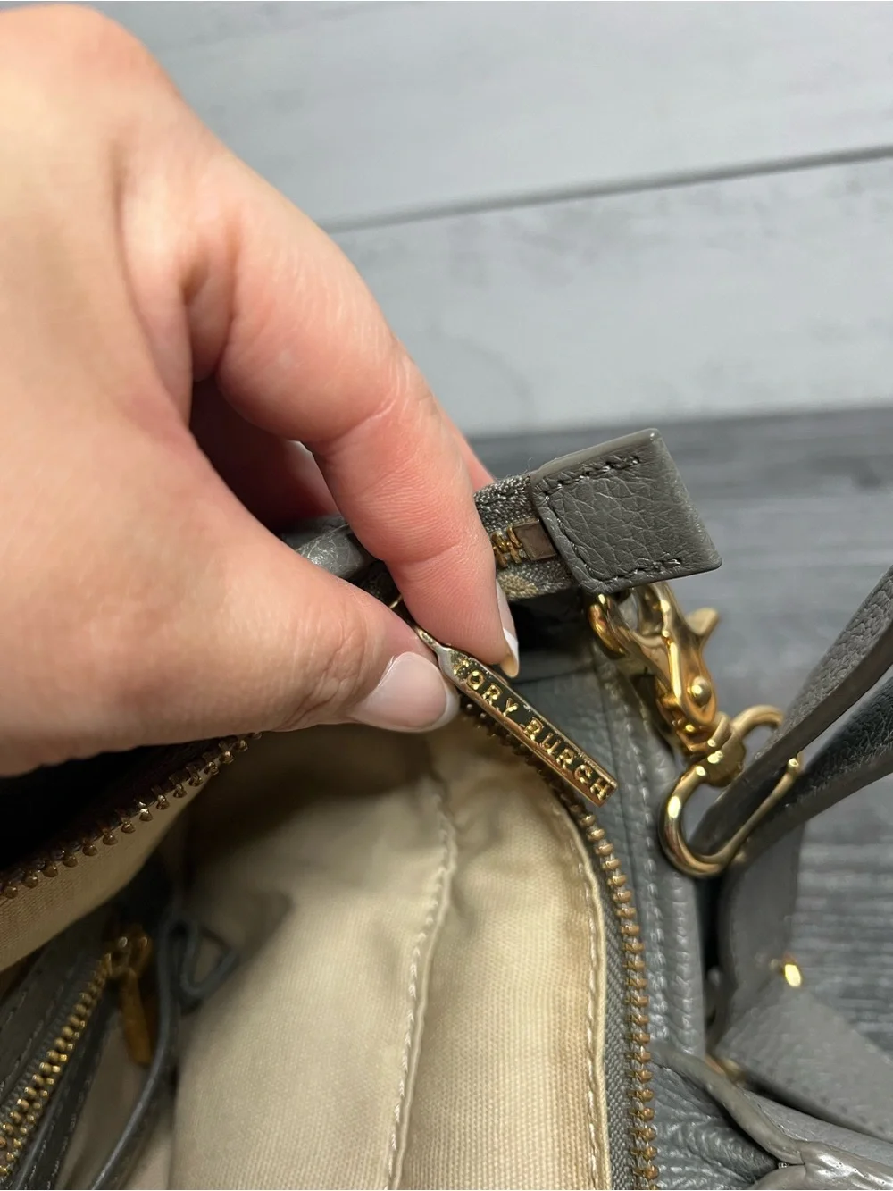 Tory Burch Gray Pebbled Leather Tote with Gold Horsebit Hardware