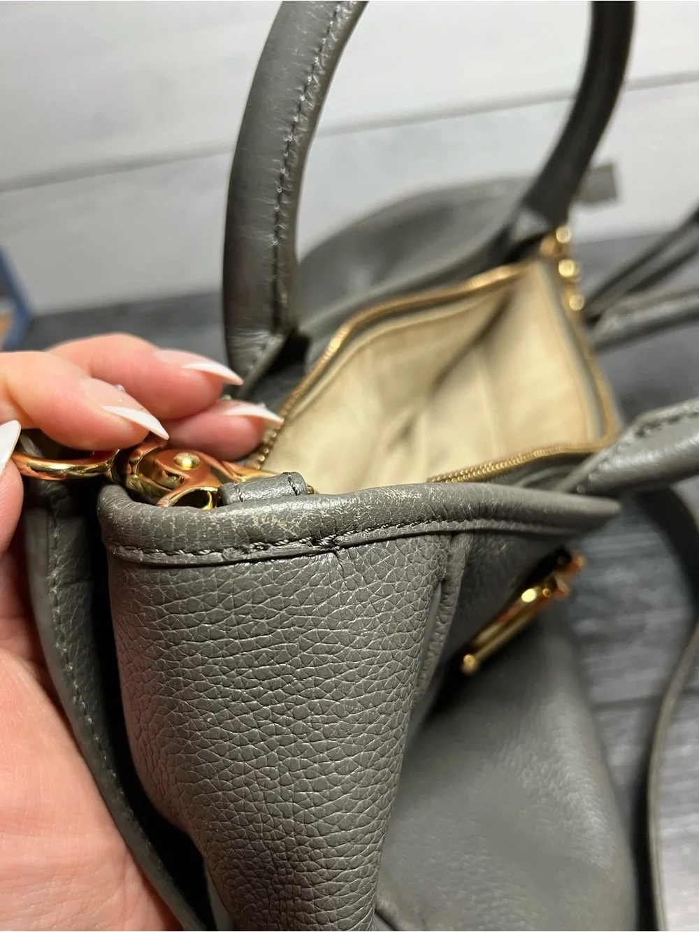 Tory Burch Gray Pebbled Leather Tote with Gold Horsebit Hardware