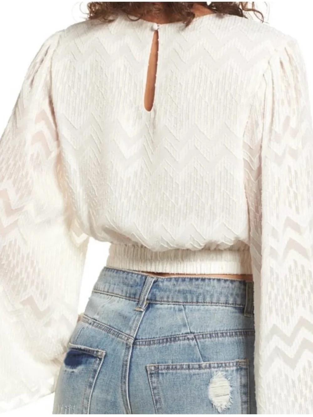 Wayf Cream Chevron-Texture Long Sleeve Blouse