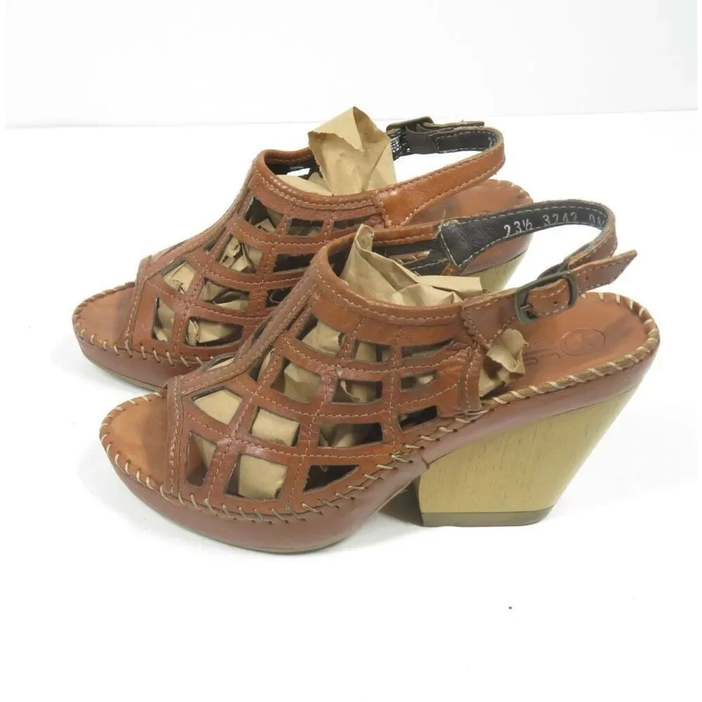 Lobo Solo Slingback Cage Sandals Brown Leather Chunky Wood Heel Brown Size 5