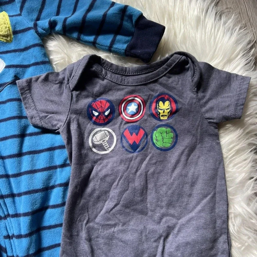 3‎ pc Carter’sFleece Pajamas|Oshkosh red shorts|Marvel romper sizes 3-6 months