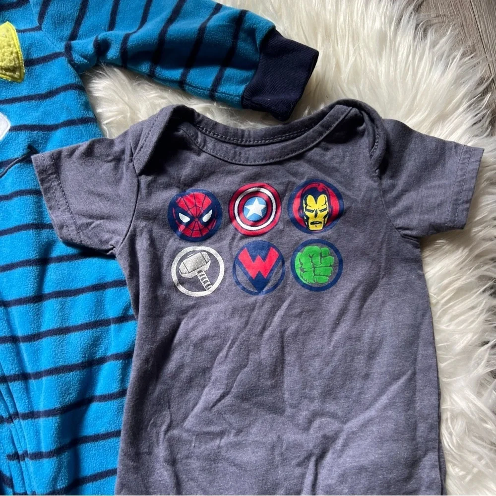 3‎ pc Carter’sFleece Pajamas|Oshkosh red shorts|Marvel romper sizes 3-6 months