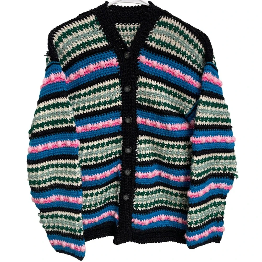 Hand Crocheted‎ Striped Cardigan Chunky Knit Grannycore Sweater w/ Flaw