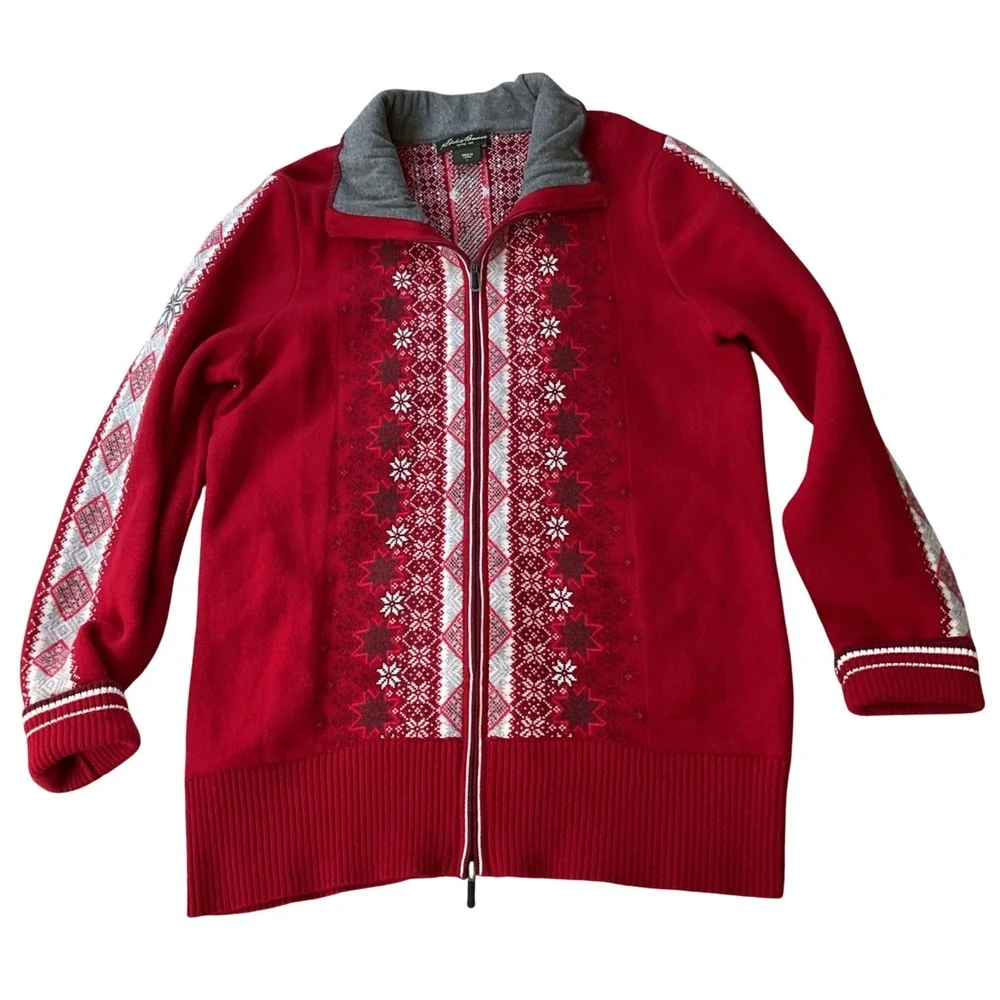 Eddie Bauer Womens Red Fair Isle Full Zip Nordic Snowflake Sweater Mock‎ Neck L
