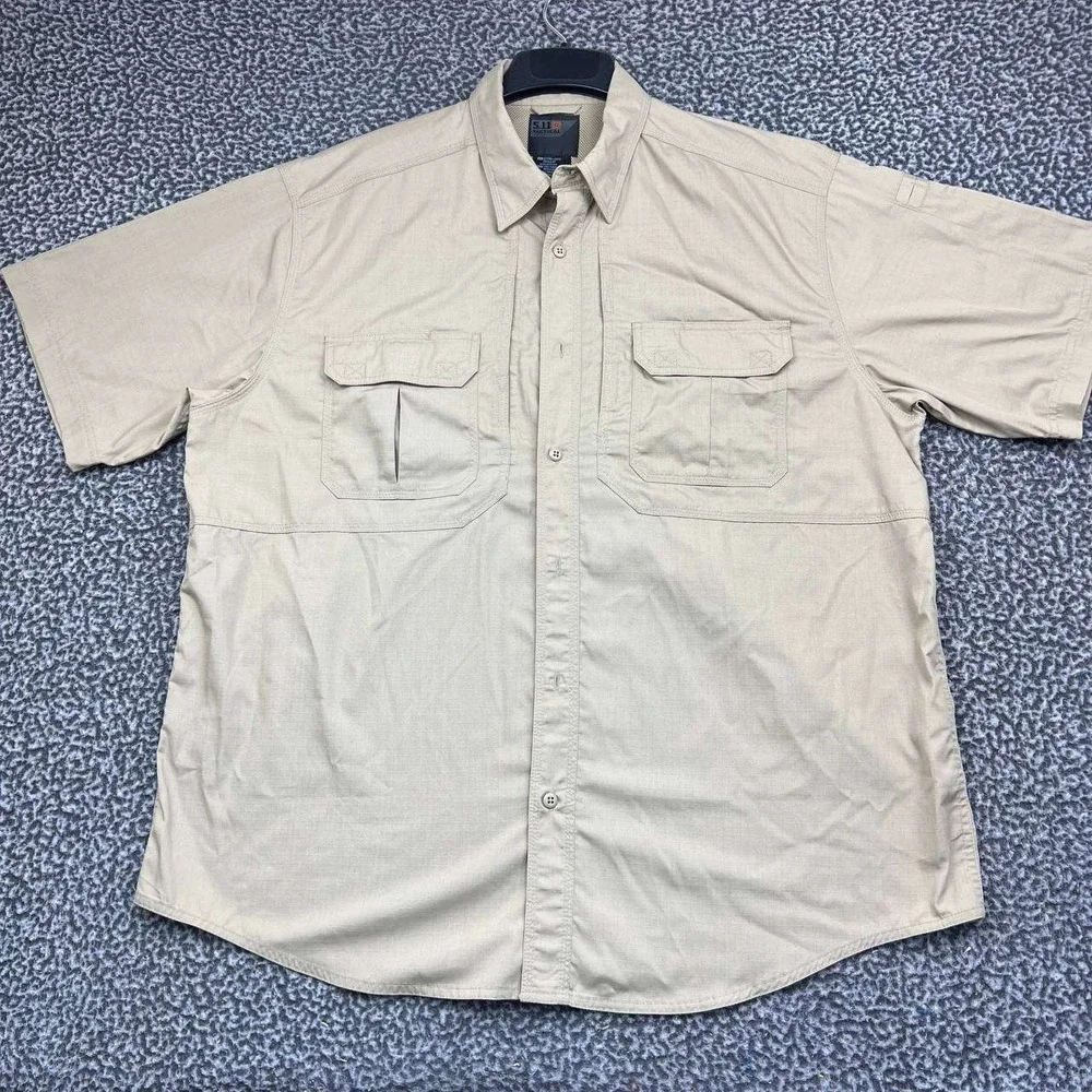 5.11 Tactical Button Up Cargo Work Shirt Men XL Tan Short Sleeve Ripstop
