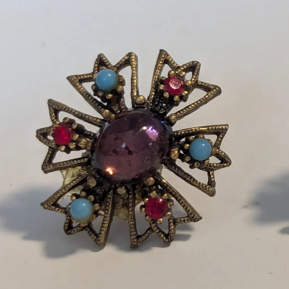 Vintage Gilded Brass Earrings‎ Amethyst Filigree MCM Gold Tone 1950’s Ornate