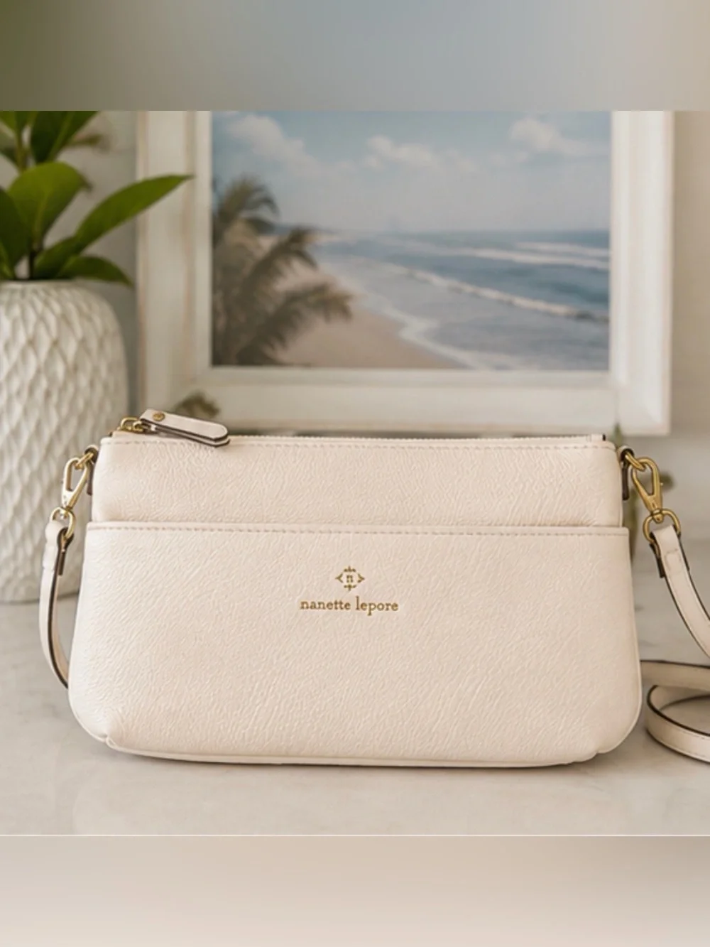 Nanette Lepore White Pebbled Faux Leather Wristlet Crossbody Bag with Gold Logo