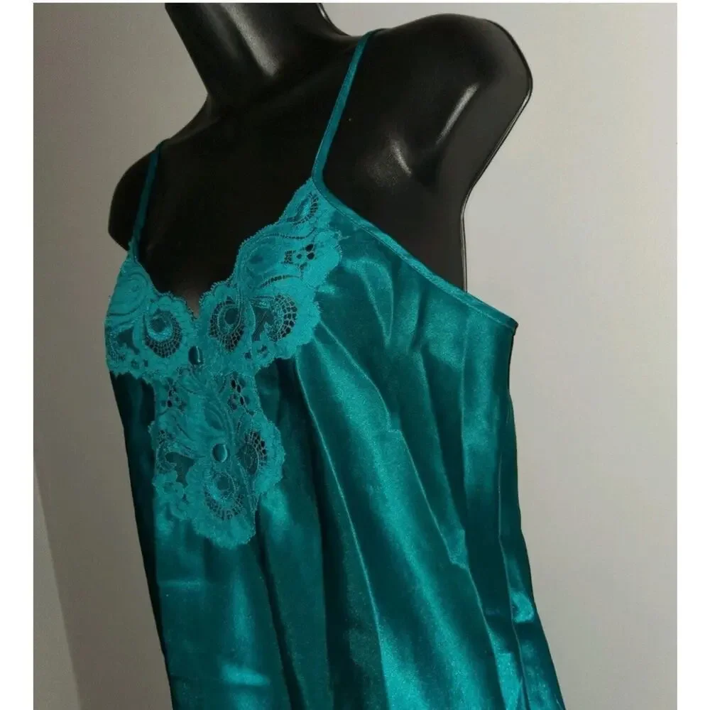 Vtg 80's Lace Trim Satin Baby Doll Nightgown Small Inner Most Emerald Green