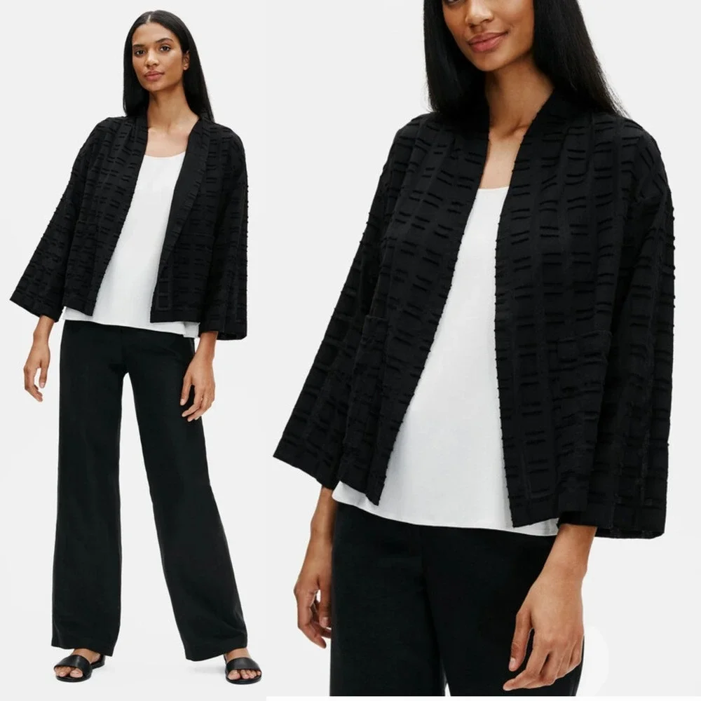EILEEN FISHER Black Organic Cotton Textured Kimono Jacket 3/4‎ Sleeve Open Front