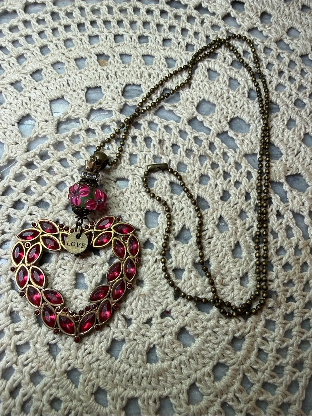 Vintage-Inspired Pink Heart Pendant Necklace with 'LOVE' Charm