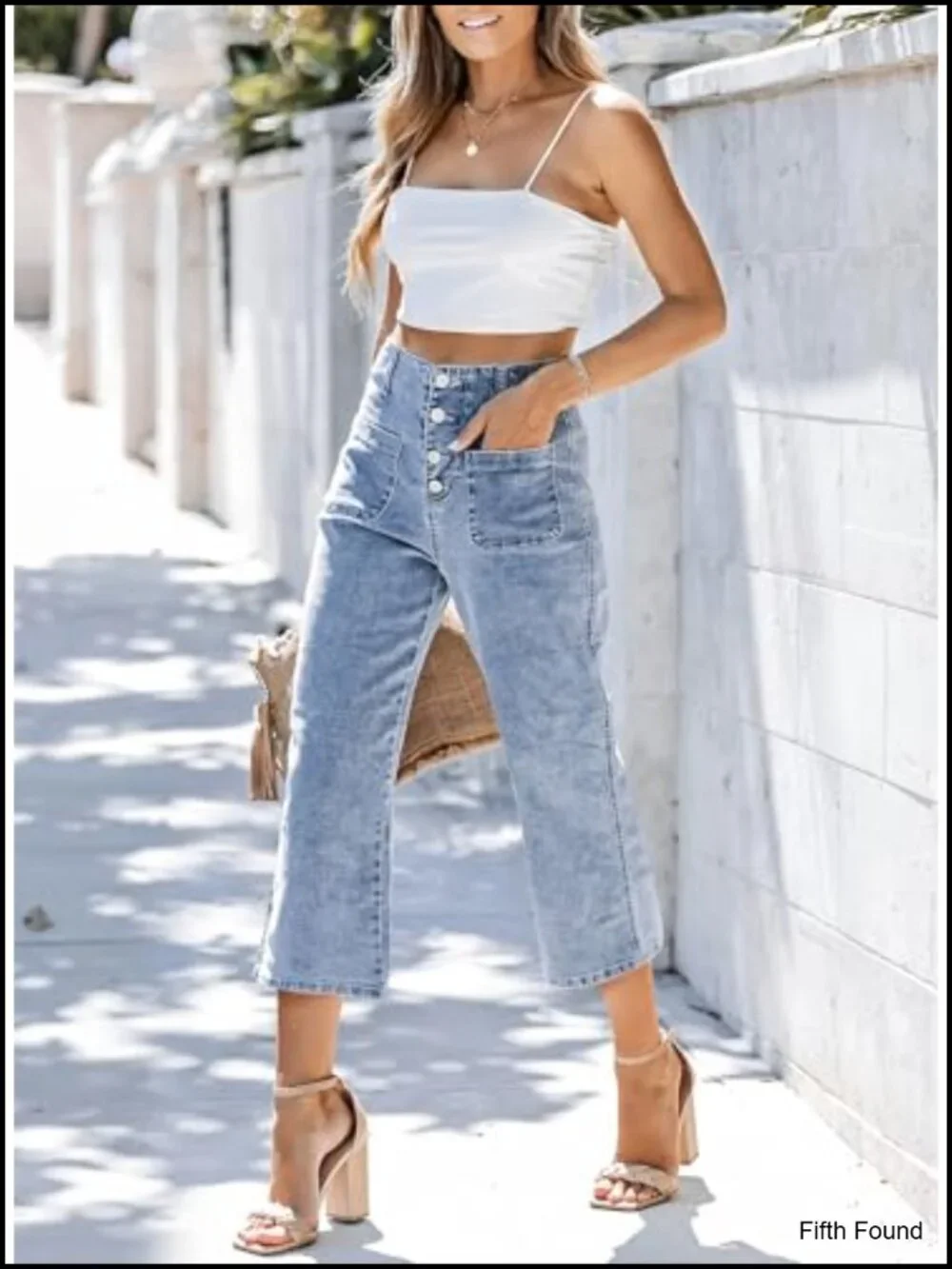 High Waisted Wide Leg Cropped Denim Capri Pants Stretchy Loose Fit