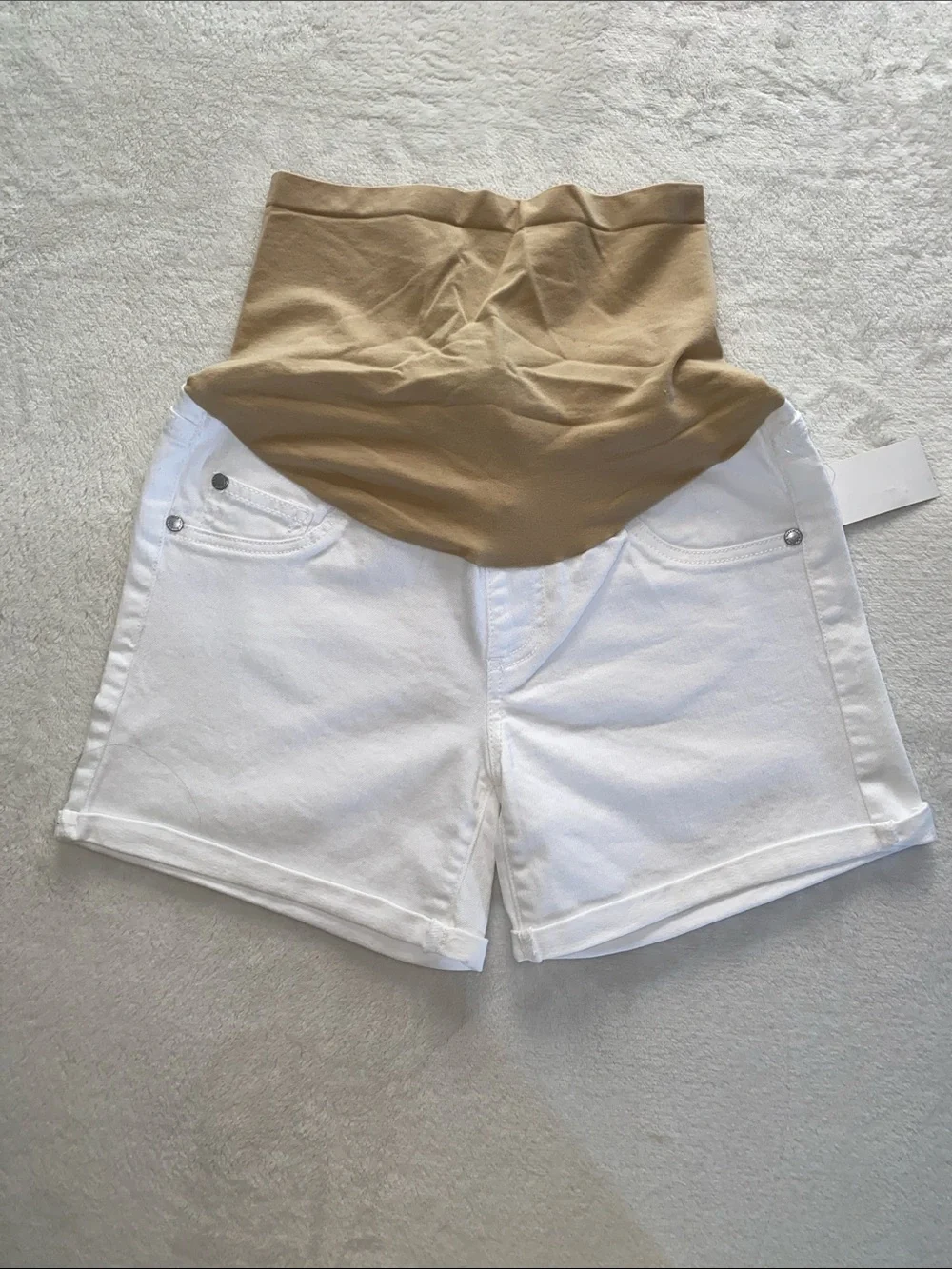 Maternity White Denim Shorts with Tan Support Panel Size small