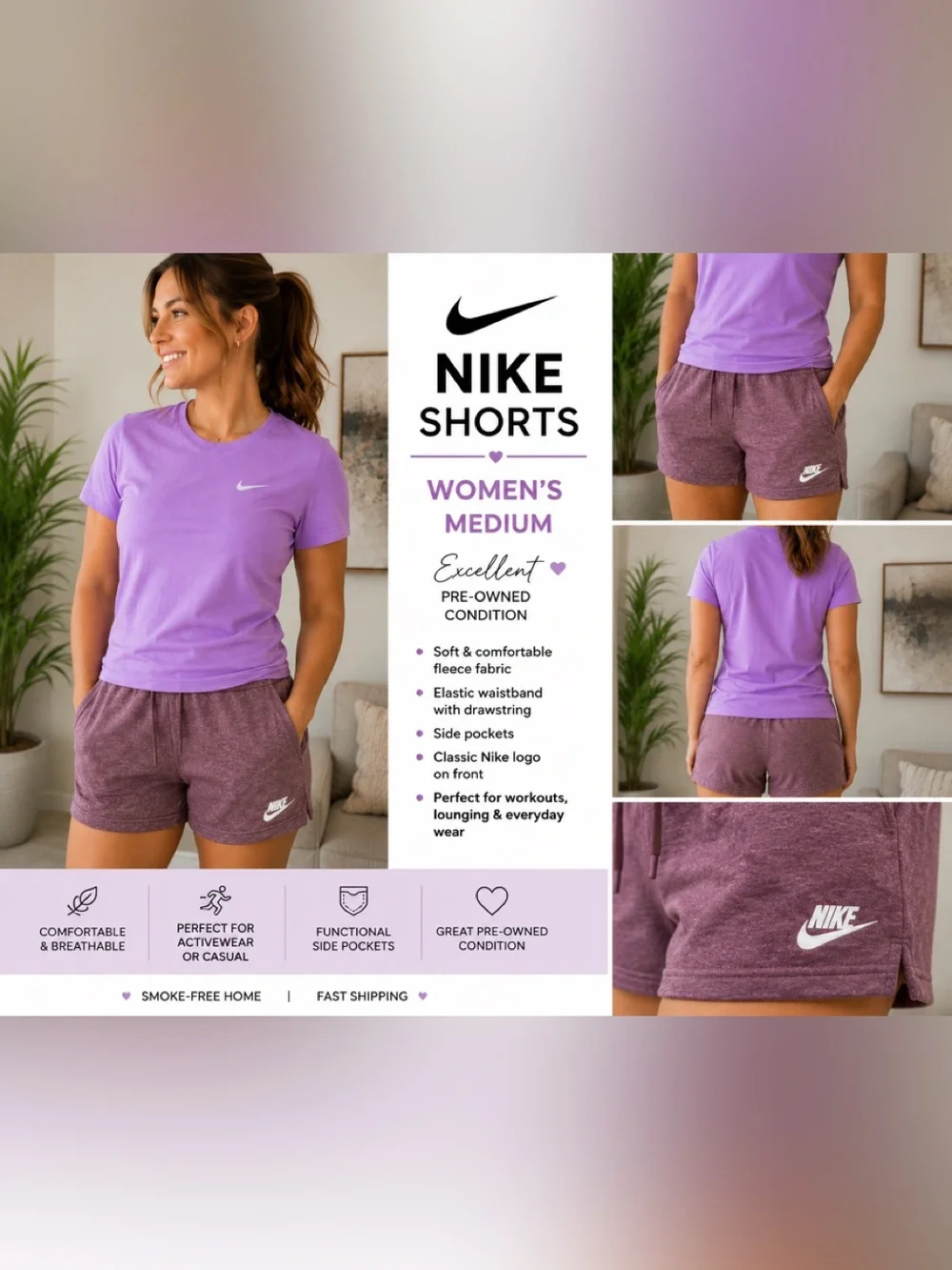 Nike Women's Lavender cotton  Shorts with shirt outfit set