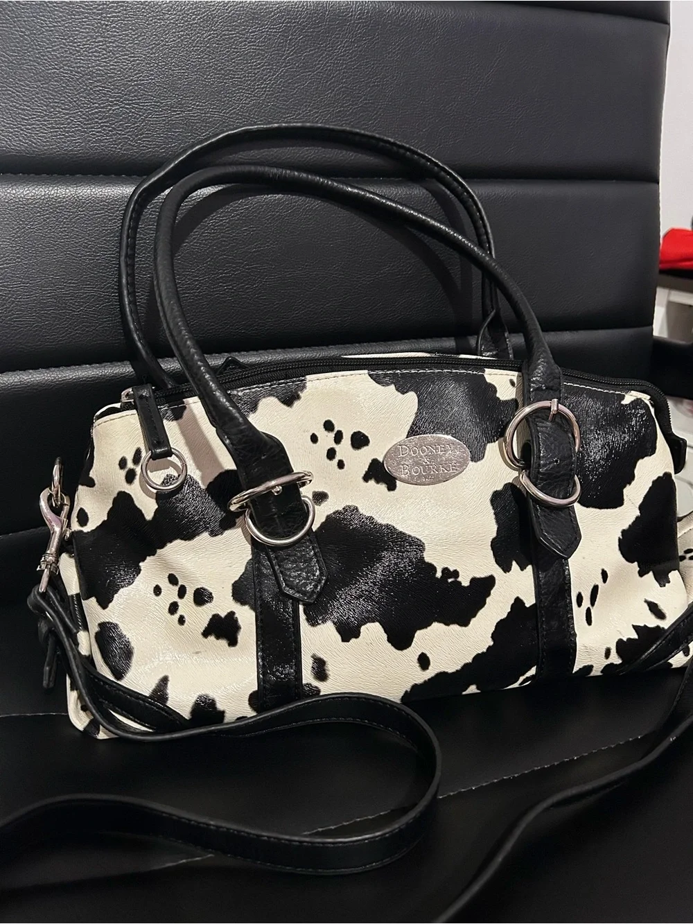 Vintage Dooney & Bourke Cow Print Satchel, Top Handle Bag with Detachable Strap