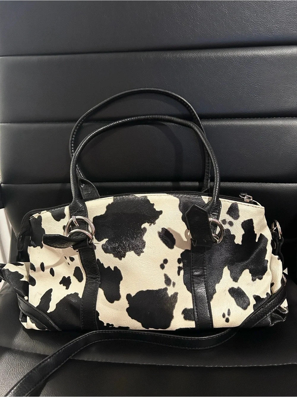 Vintage Dooney & Bourke Cow Print Satchel, Top Handle Bag with Detachable Strap