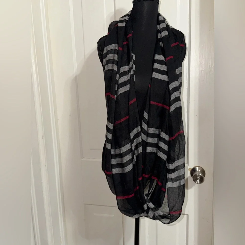 NWT Black and Gray Striped Infinity Scarf with Red‎ Accents