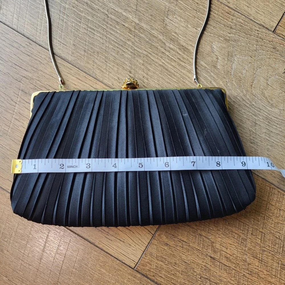 Regale Ltd Vintage Black Pleated Satin Clutch Rhinestone Clasp Gold Chain