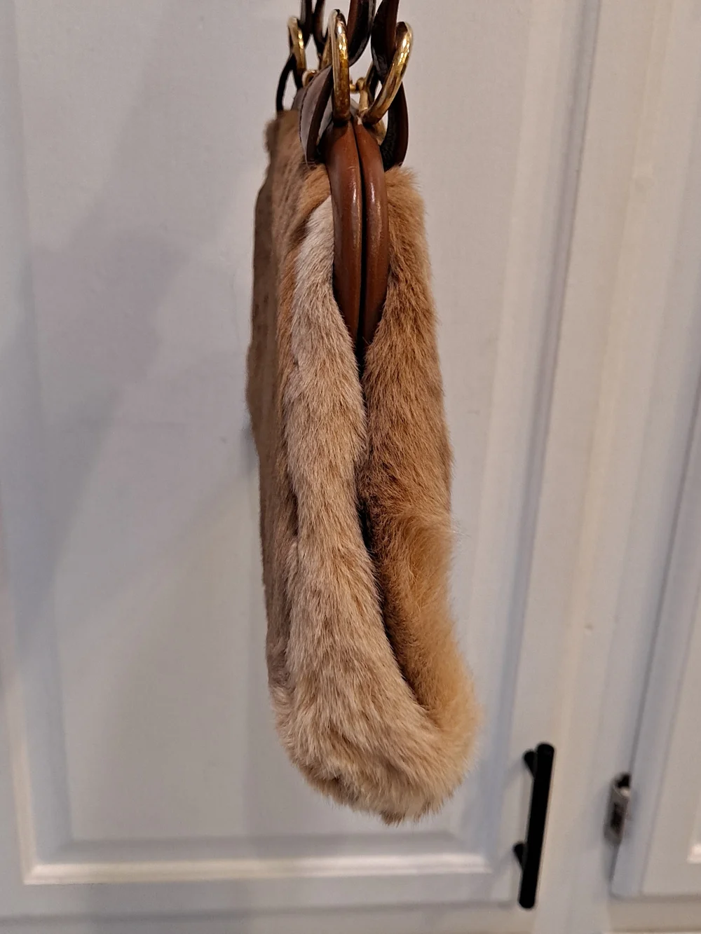 Australian Kangaroo Fur Vintage 70s Handbag Leather Trim Gold Ring Accent