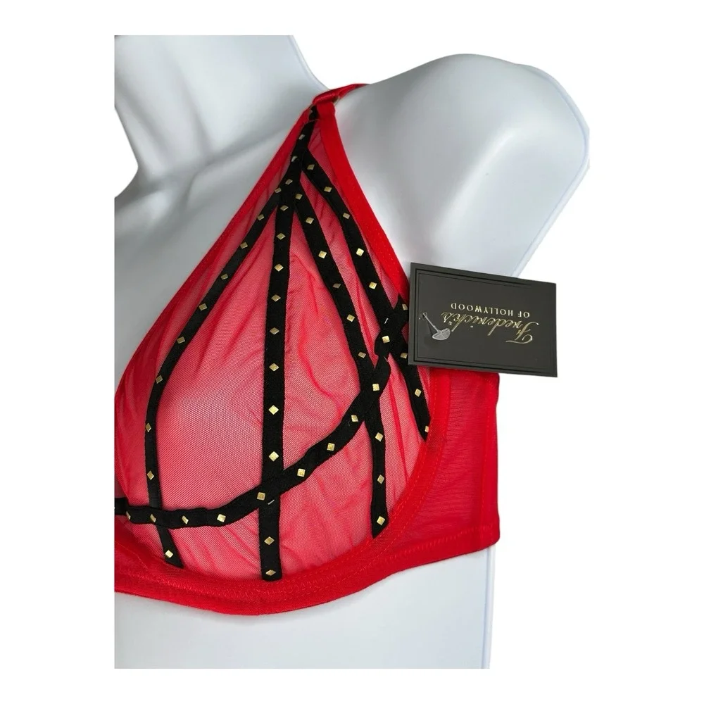 Frederick's Of Hollywood Women's 34DD Red Rozlyn Mesh and Stud Red Black Set Bra