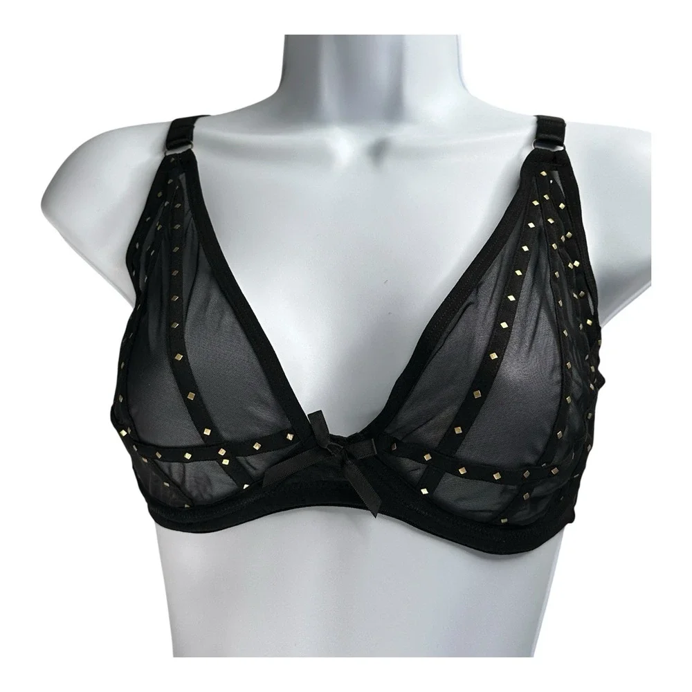 Frederick's Of Hollywood Women's 34DD Red Rozlyn Mesh and Stud Red Black Set Bra