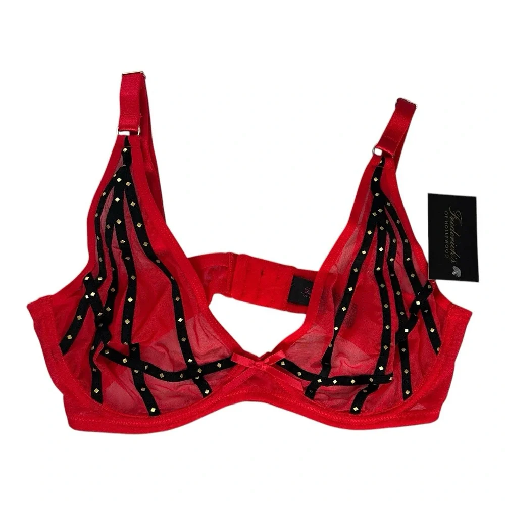 Frederick's Of Hollywood Women's 34DD Red Rozlyn Mesh and Stud Red Black Set Bra