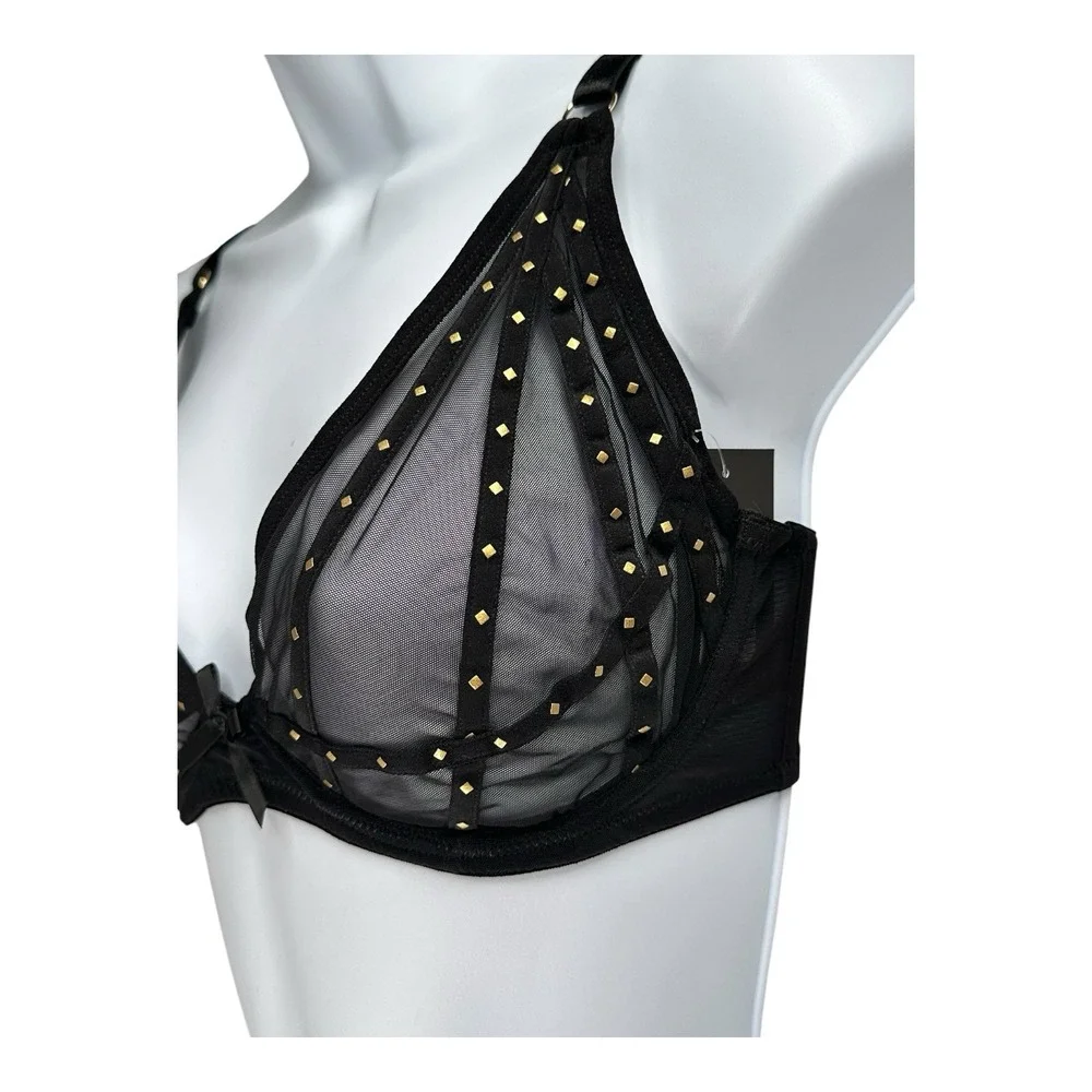 Frederick's Of Hollywood Women's 34DD Red Rozlyn Mesh and Stud Red Black Set Bra