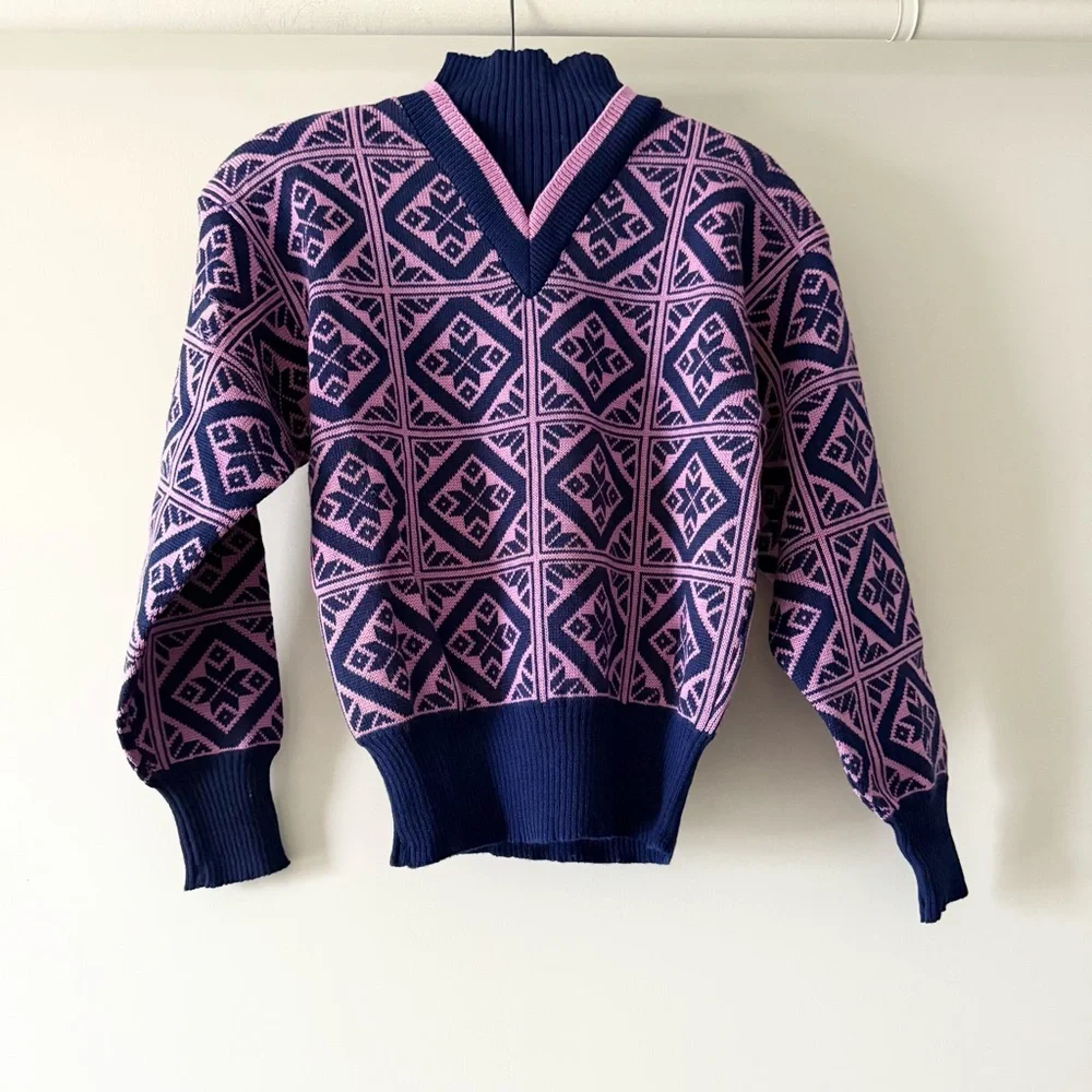 Vintage Obermeyer Fair Isle Nordic Pink Wool‎ Sweater Sz S Grandma