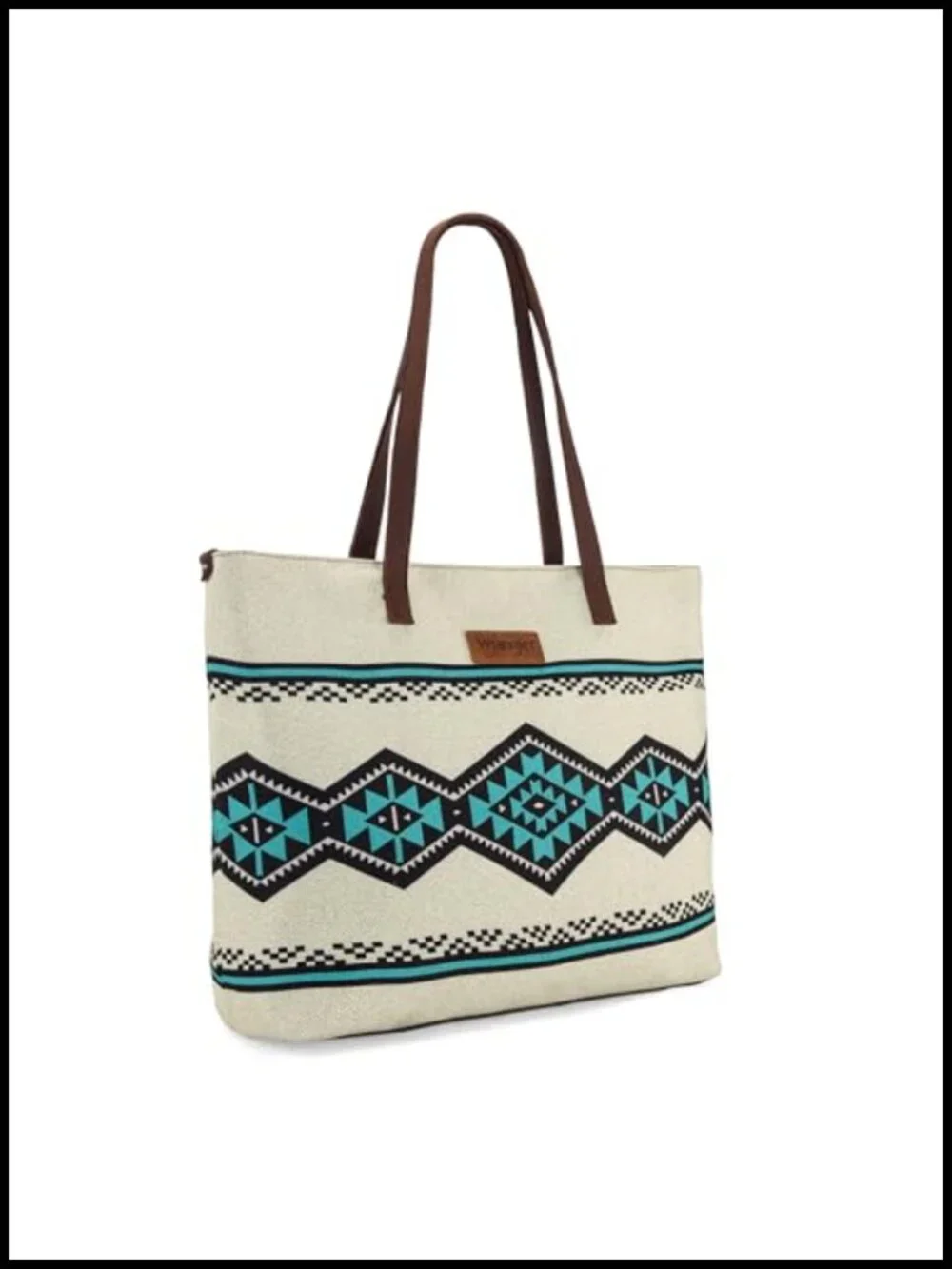 Aztec Print Canvas Tote Bag with Leather Handles for Work Travel