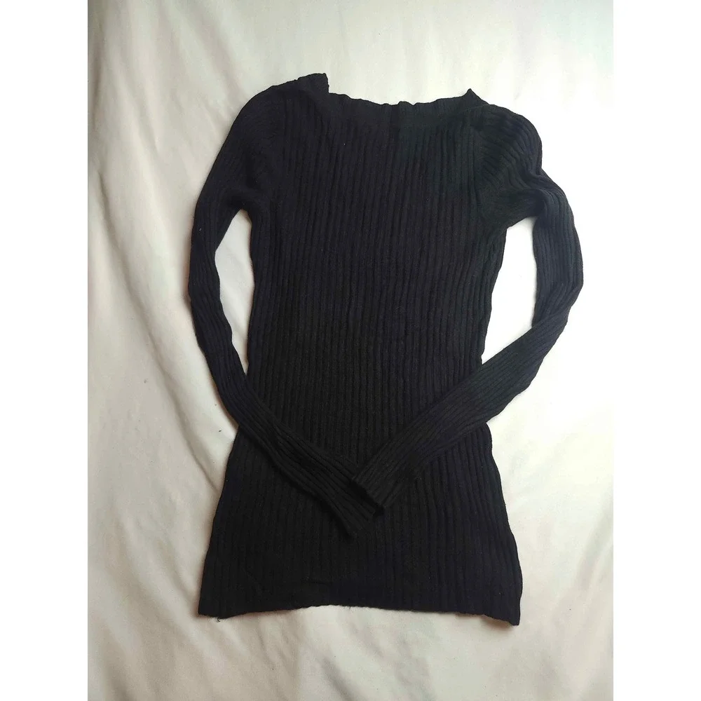Express Womens Ribbed V-Neck Long Sleeve Sweater Black Size Medium
