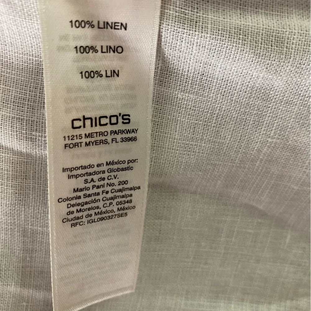 Chico’s Linen Open Front Blazer Size L hints green pink 3/4 sleeve Minimalist