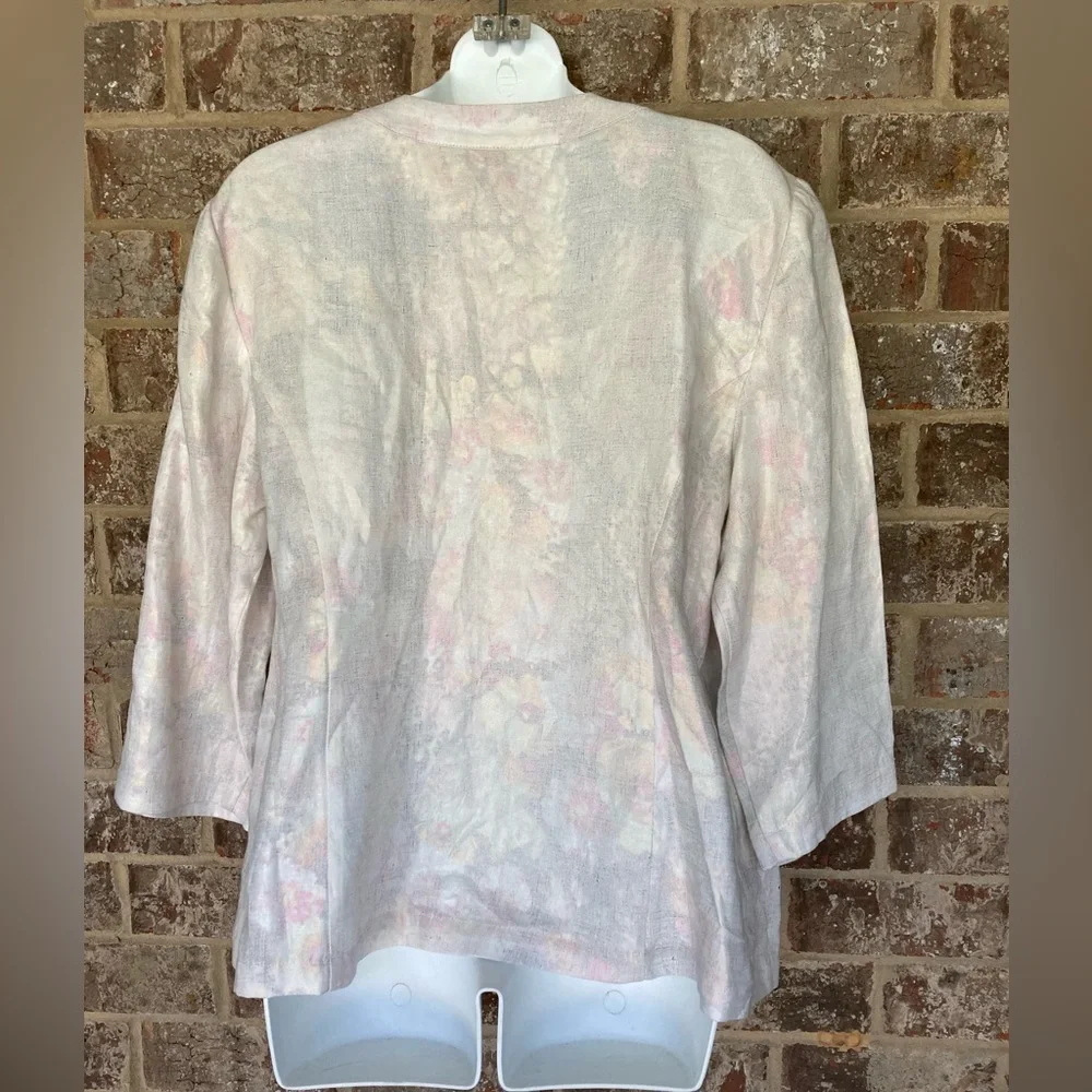Chico’s Linen Open Front Blazer Size L hints green pink 3/4 sleeve Minimalist