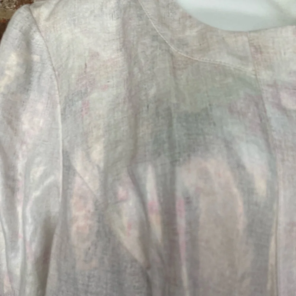 Chico’s Linen Open Front Blazer Size L hints green pink 3/4 sleeve Minimalist