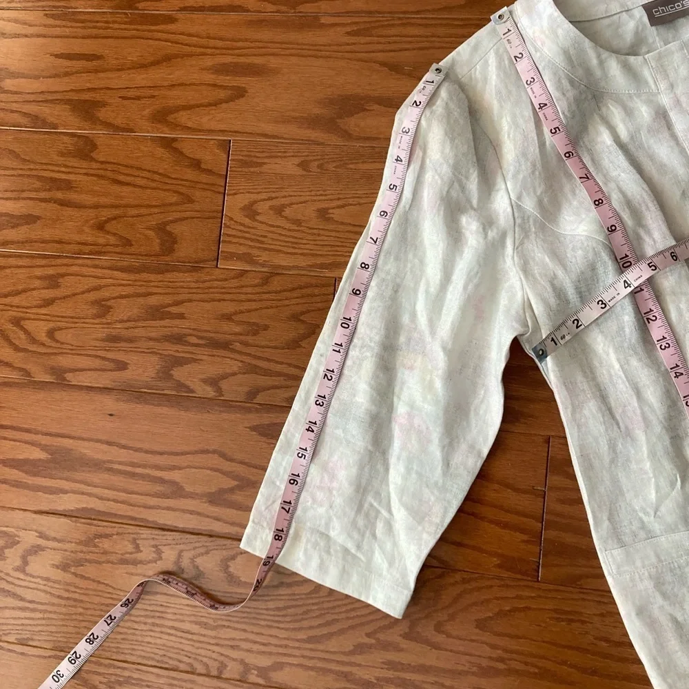 Chico’s Linen Open Front Blazer Size L hints green pink 3/4 sleeve Minimalist