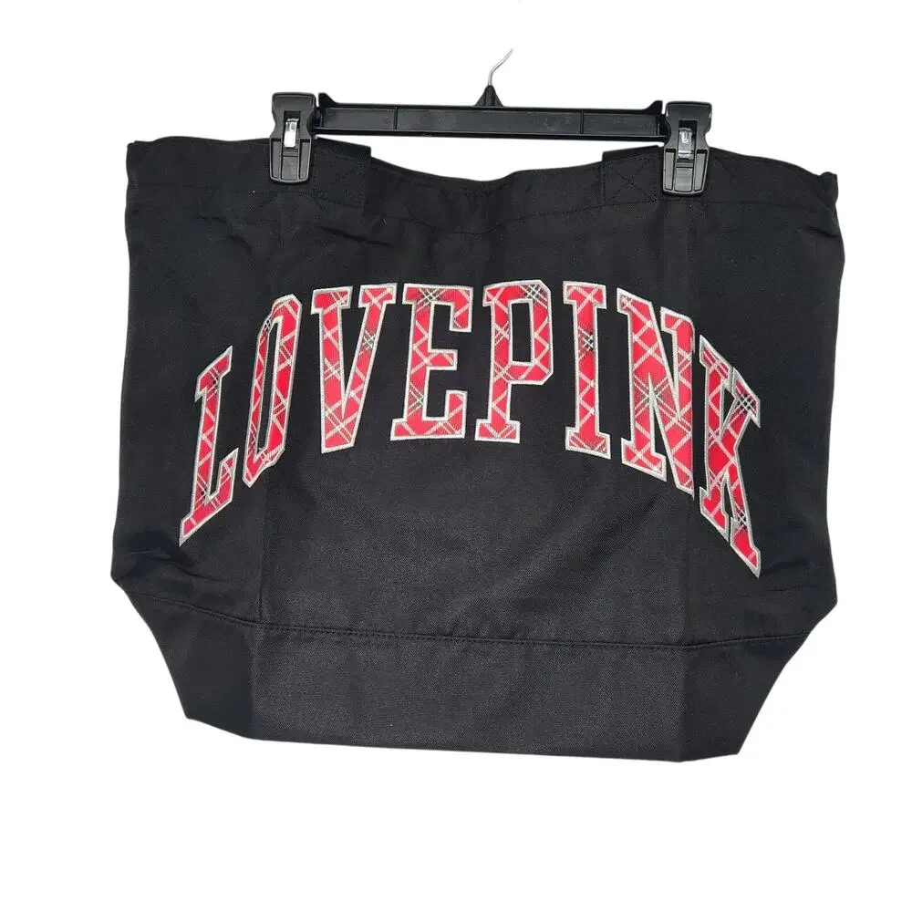 NWT Victoria’s Secret PINK‎ Large Black Plaid Print Love Pink Logo Tote
