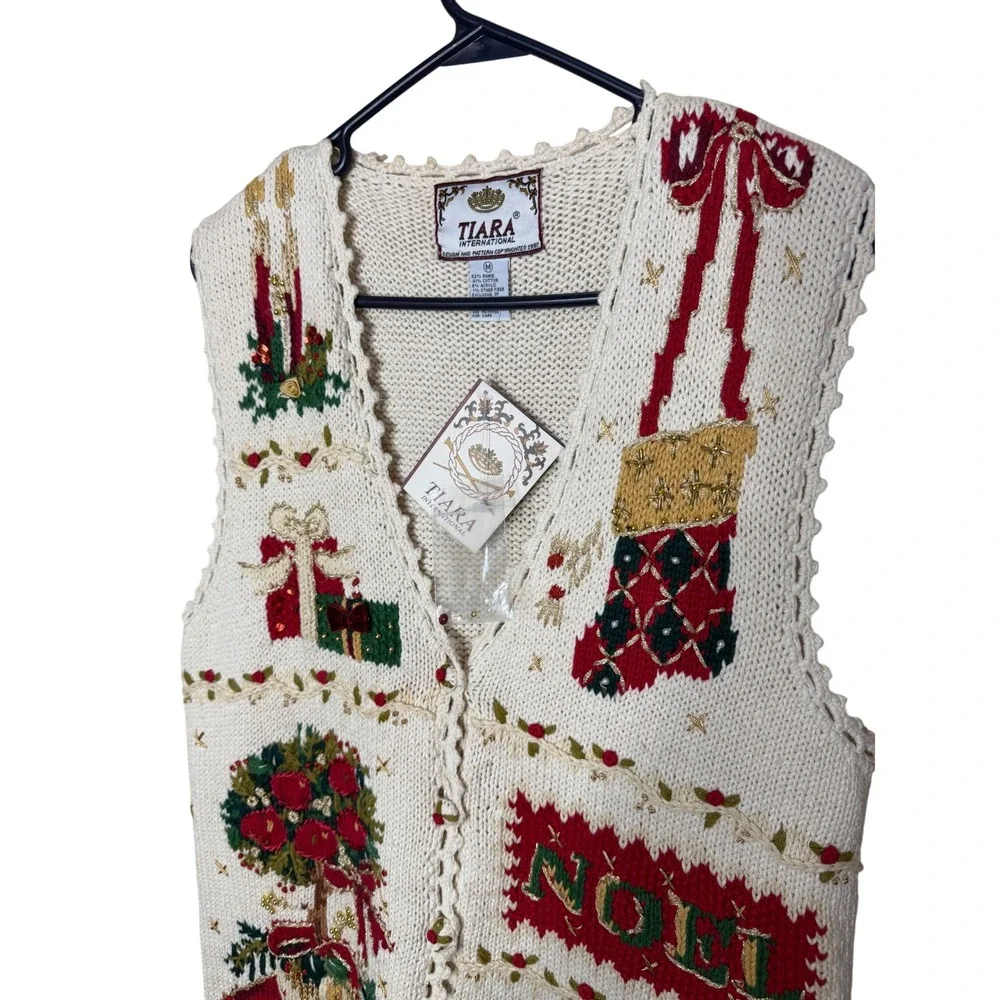 Tiara International Vintage 1997 Christmas Sweater Vest Cream Beaded Noel Medium